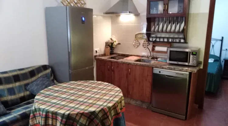 Imagen de Salón comedor con brasero eléctrico y cocina americana
