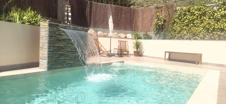 Imagen de piscina privada de agua salina con zona de cascada y jacuzzi