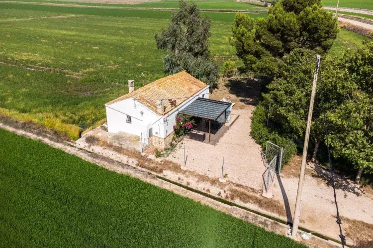 Imagen de Amplia zona exterior con terrazas, piscina y vistas a los arrozales