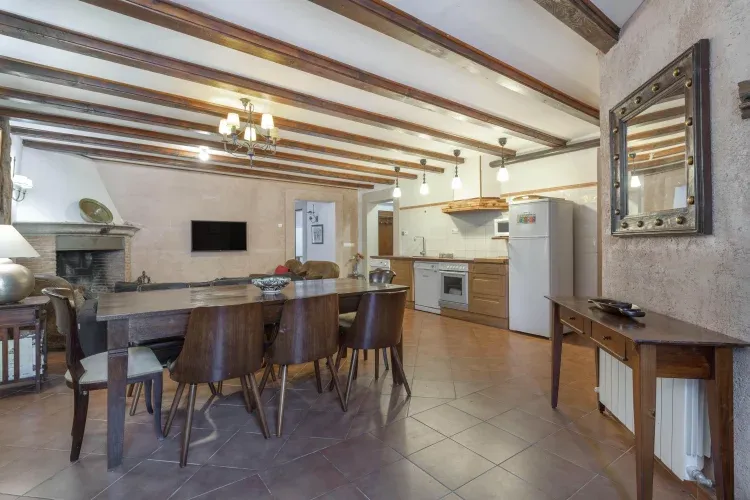Imagen de Amplio Salón-comedor con chimenea, sofás y cocina totalmente equipada, en planta calle.